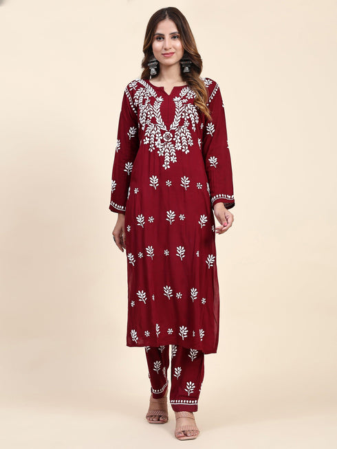 Fizaa Chikankari Long Modal Kurta Set - Maroon